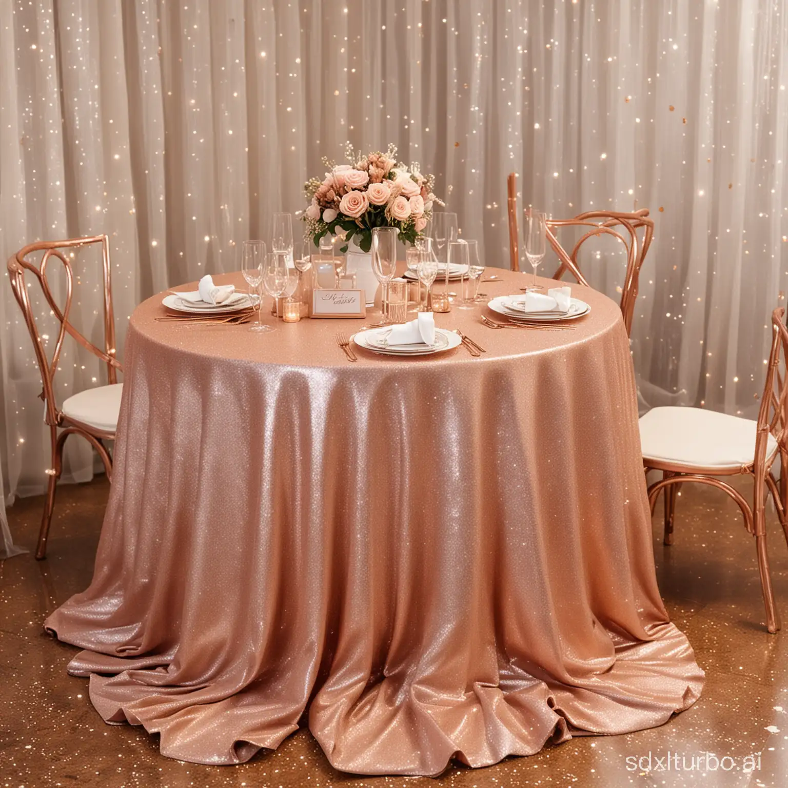 At the wedding scene, tables, glitter tablecloths, rosegold