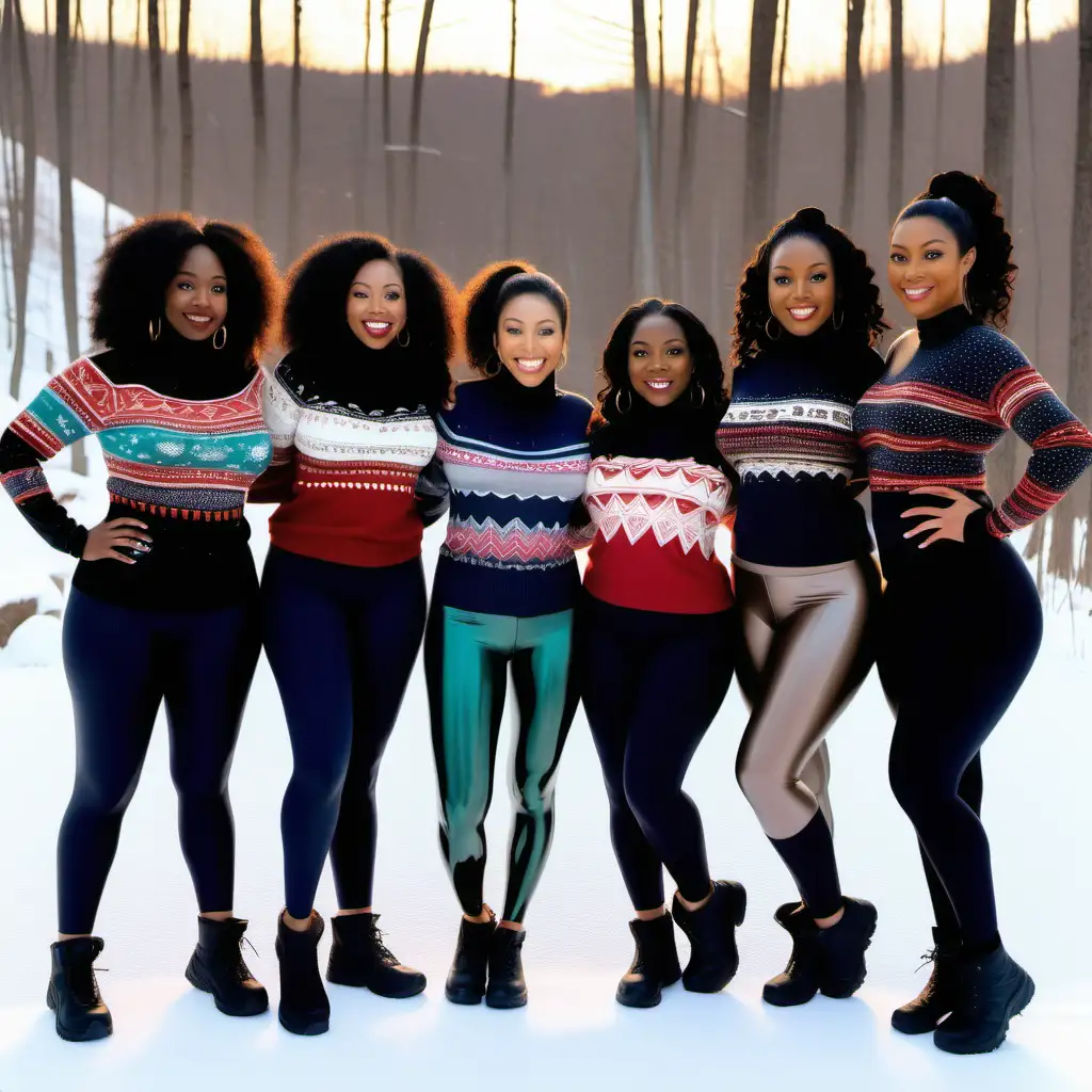 Stylish Black Women in Winter Sweaters Amidst Poconos Sunset