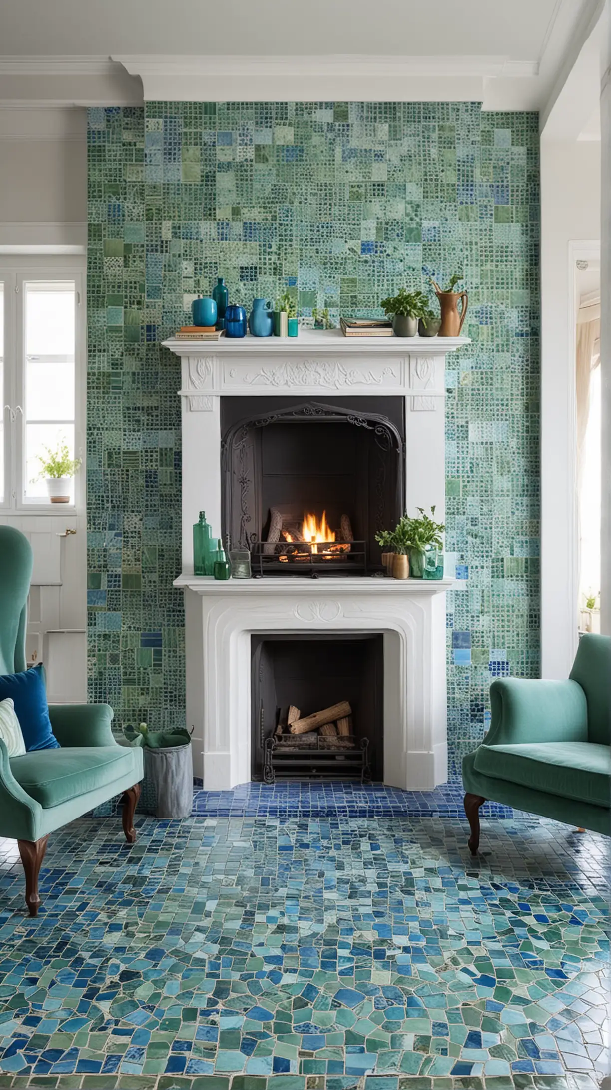 create a blue and green living room idea image [Blue and Green Tiles
If you have a fireplace, consider revamping it with blue and green tiles. This not only becomes a focal point but also introduces a unique element of artistry and color into your living room. with sitting chairs]