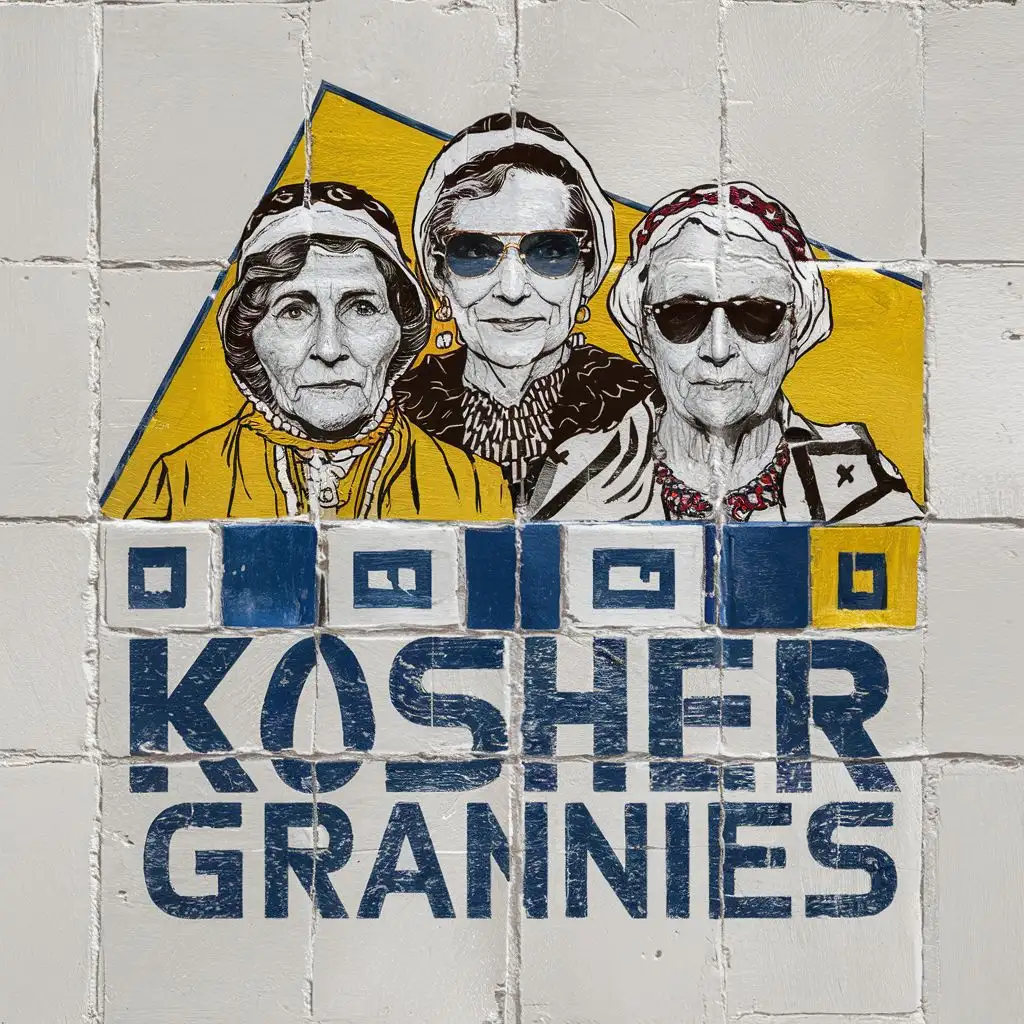 logo, Israel, yellow, blue, white, historical and modern Jewish grannies with Israeli headcovers and sunglasses, in white tiles, Paul Klee, with the text "Kosher Grannies", typography, be used in art industry