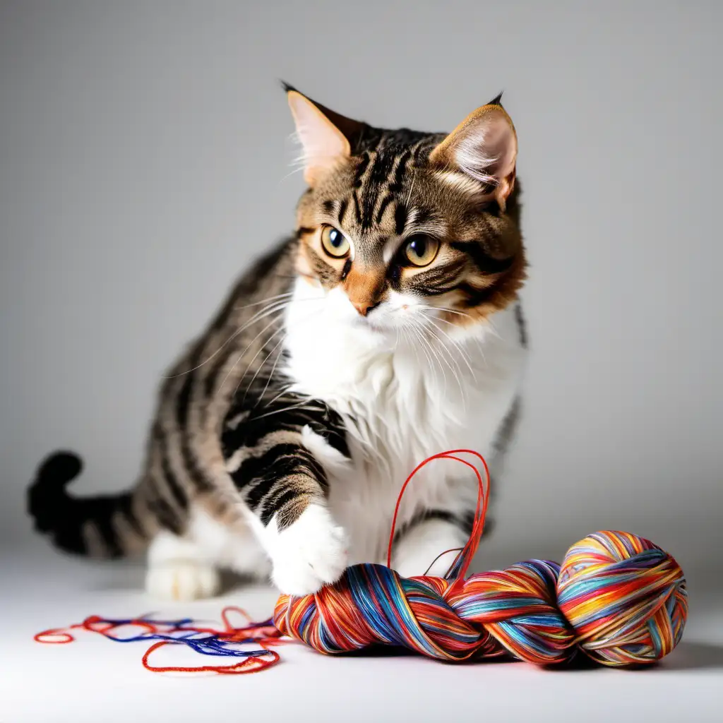 Playful American Bobtail Cat Engages with Crochet Thread