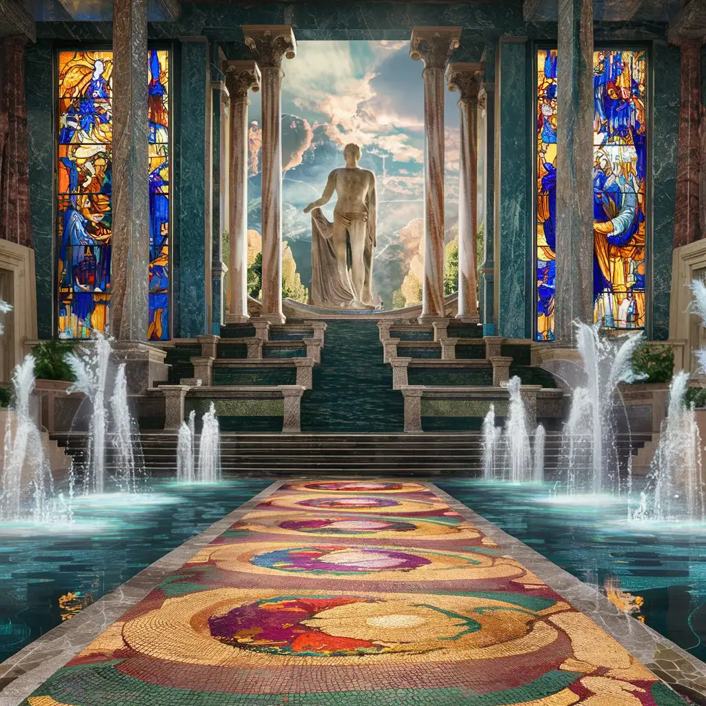 Temple of Poseidon, enormous stained glass windows, marble and mother of pearl classic architecture, colorful mosaic floor path to the dais, magical fountains and waterfalls, reflecting pools, statue of the sea god on the dais, serene and imposing