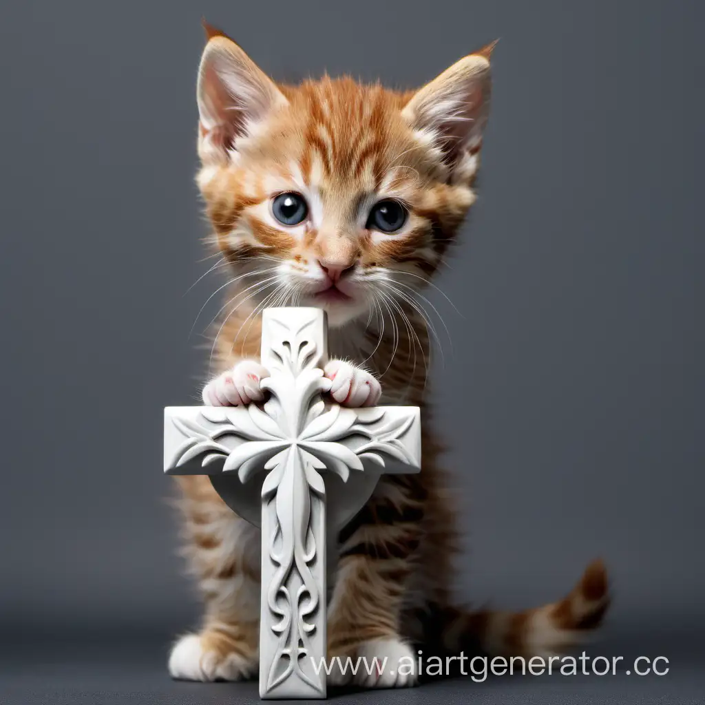 милый котенок держит белый резной крест фон однотонный серый