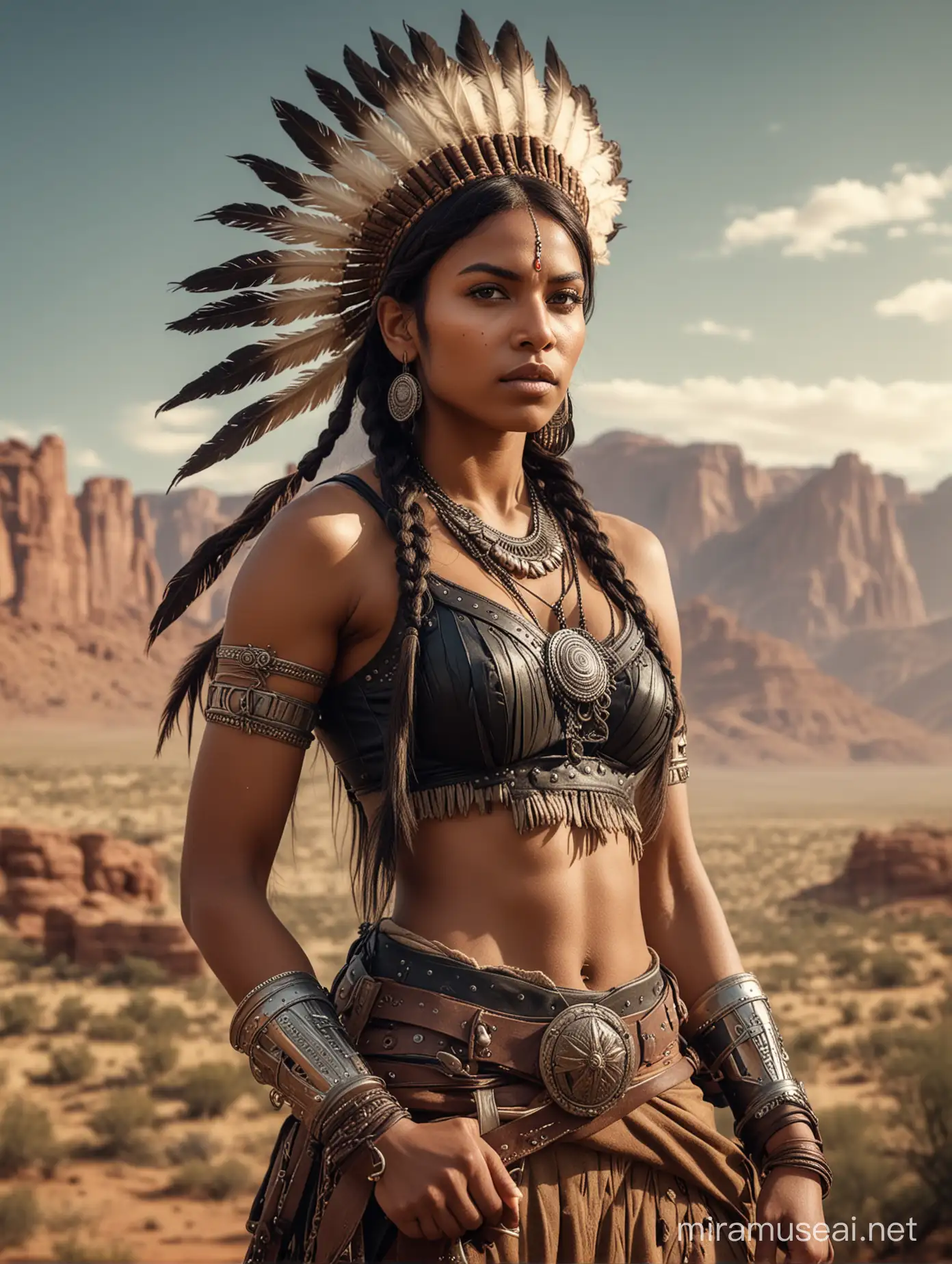 A very beautiful black indian woman warrior 1800s, in a indian art style, a full body portrait, with detailed face features, wearing a leather belt with a gun, and a apache headdress on her head,braids, set against a wild west background with warm tones, and highly detailed. Cinematic shot, candid celebrity shots, uhd image, body extensions, natural beauty --ar 69:128 --s 750 --v 5. 2