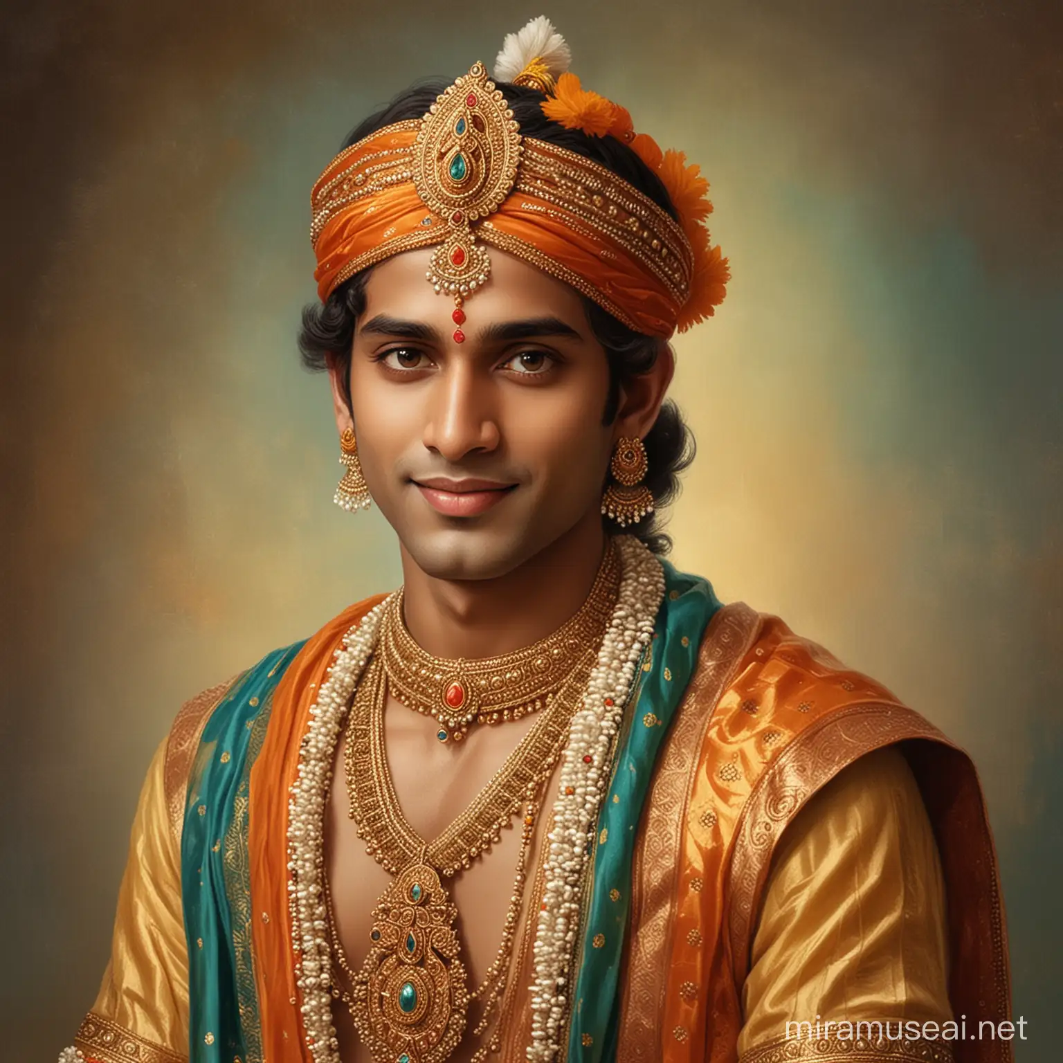 a young adult and most handsome happy prince Lord Sri Rama Chandra in ethnic costume ancient hindus of very pretty colors. 
