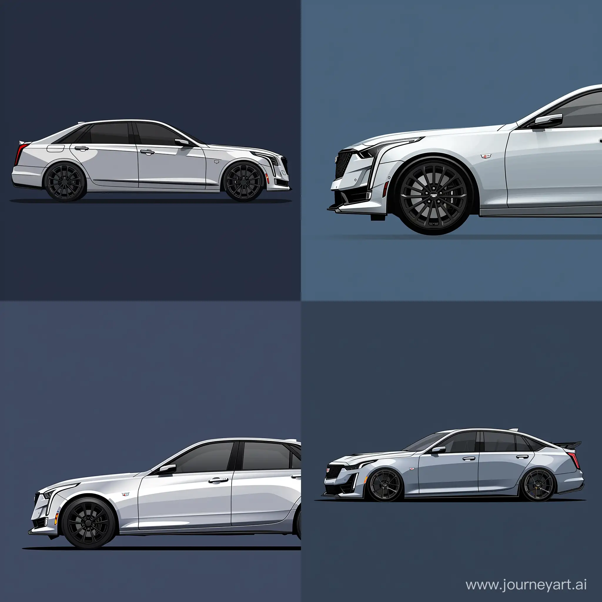 Minimalist 2D Side View Illustration of: Silver Cadillac CT5: Black Rims, Simple Navy Blue Background, Adobe Illustrator Software, High Precision