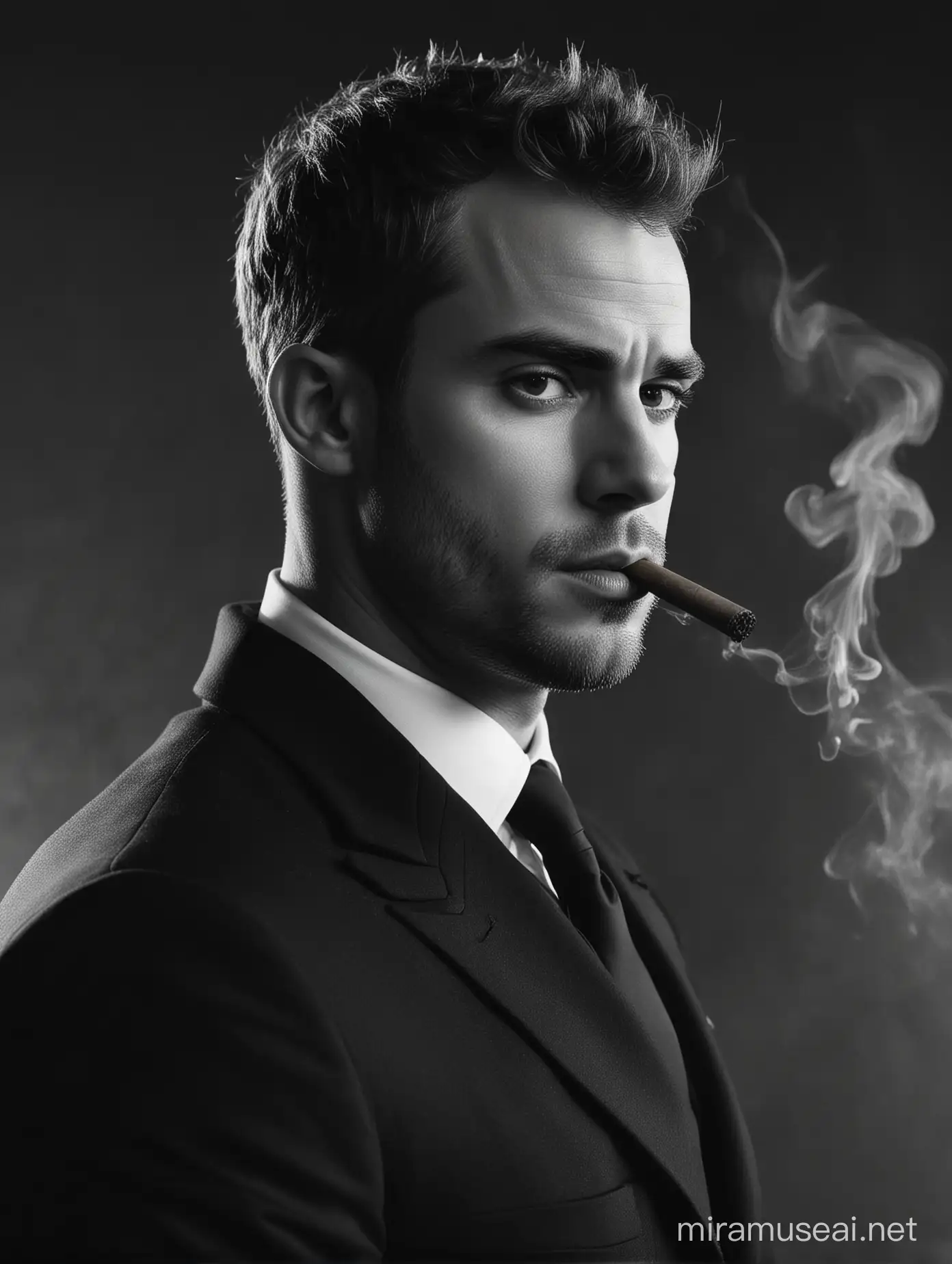 En blanco y negro un mafioso Theo James con un terno negro posando de perfil fumando un cigarro 