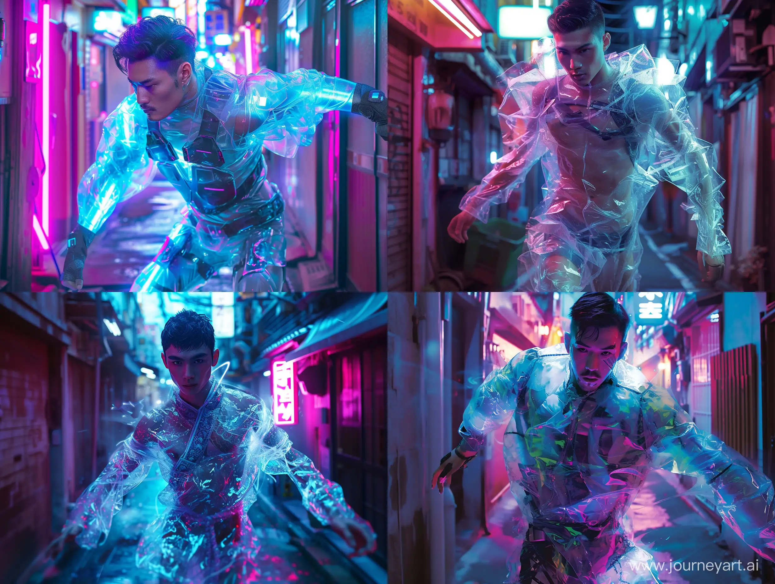 iPhone photo in a hyper realistic style of a man, wearing a translucent warrior outfit that is hyper modern. He is in an neon lit alleyway in a futuristic Tokyo.