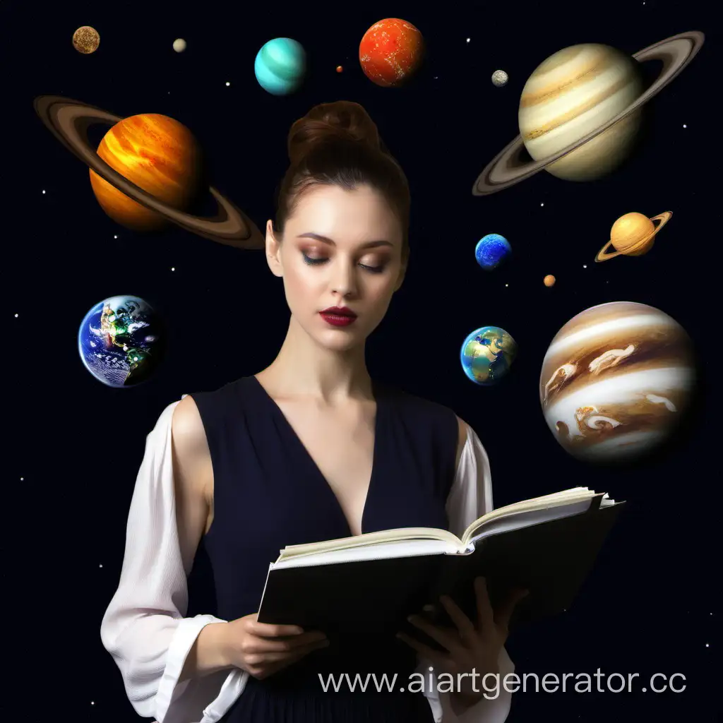 Astrologer-Woman-with-Planets-and-Notebook-in-Cosmic-Study