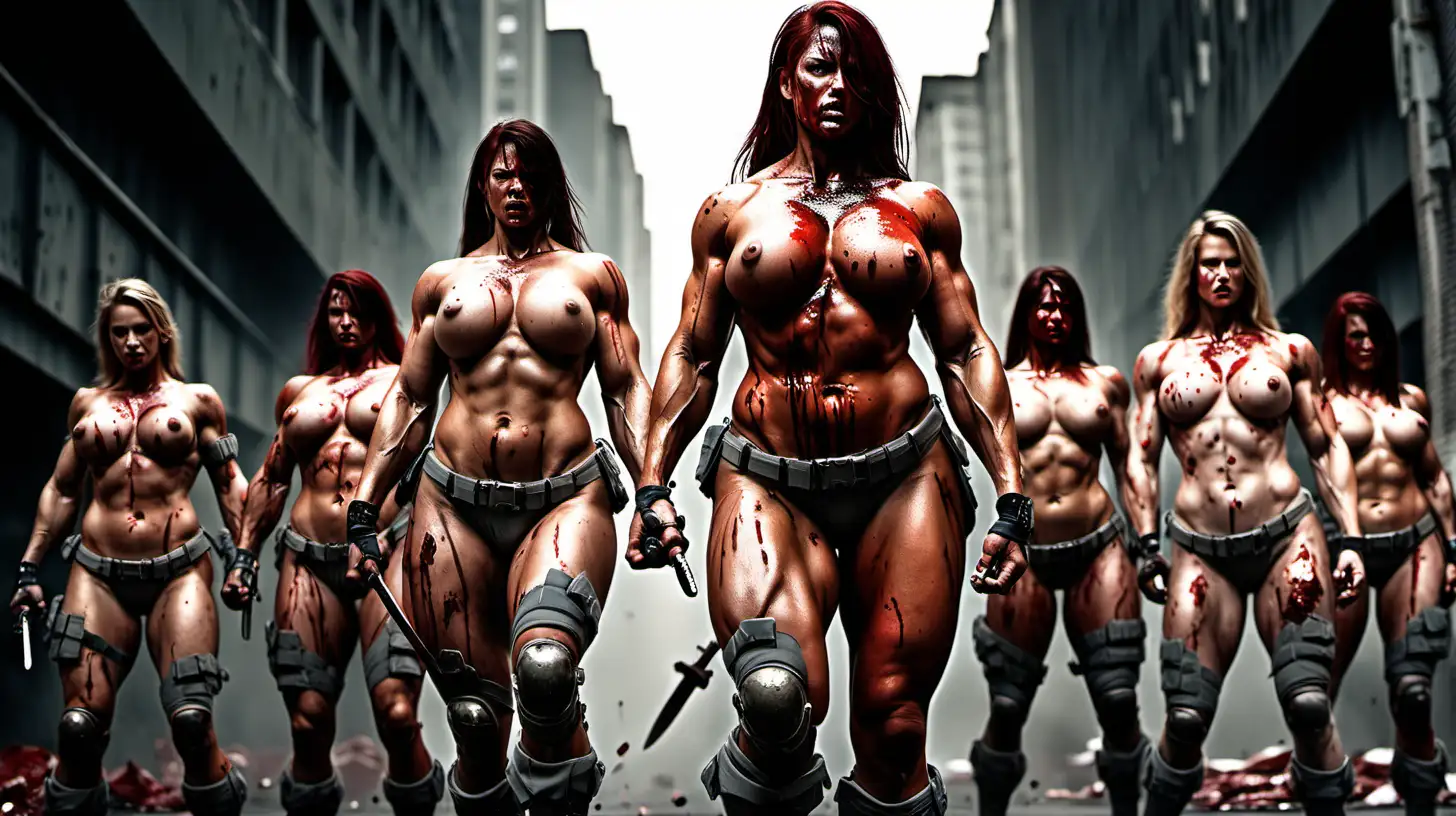 big muscular females, naked, amazons, urban camouflage, battle, bloody, injured