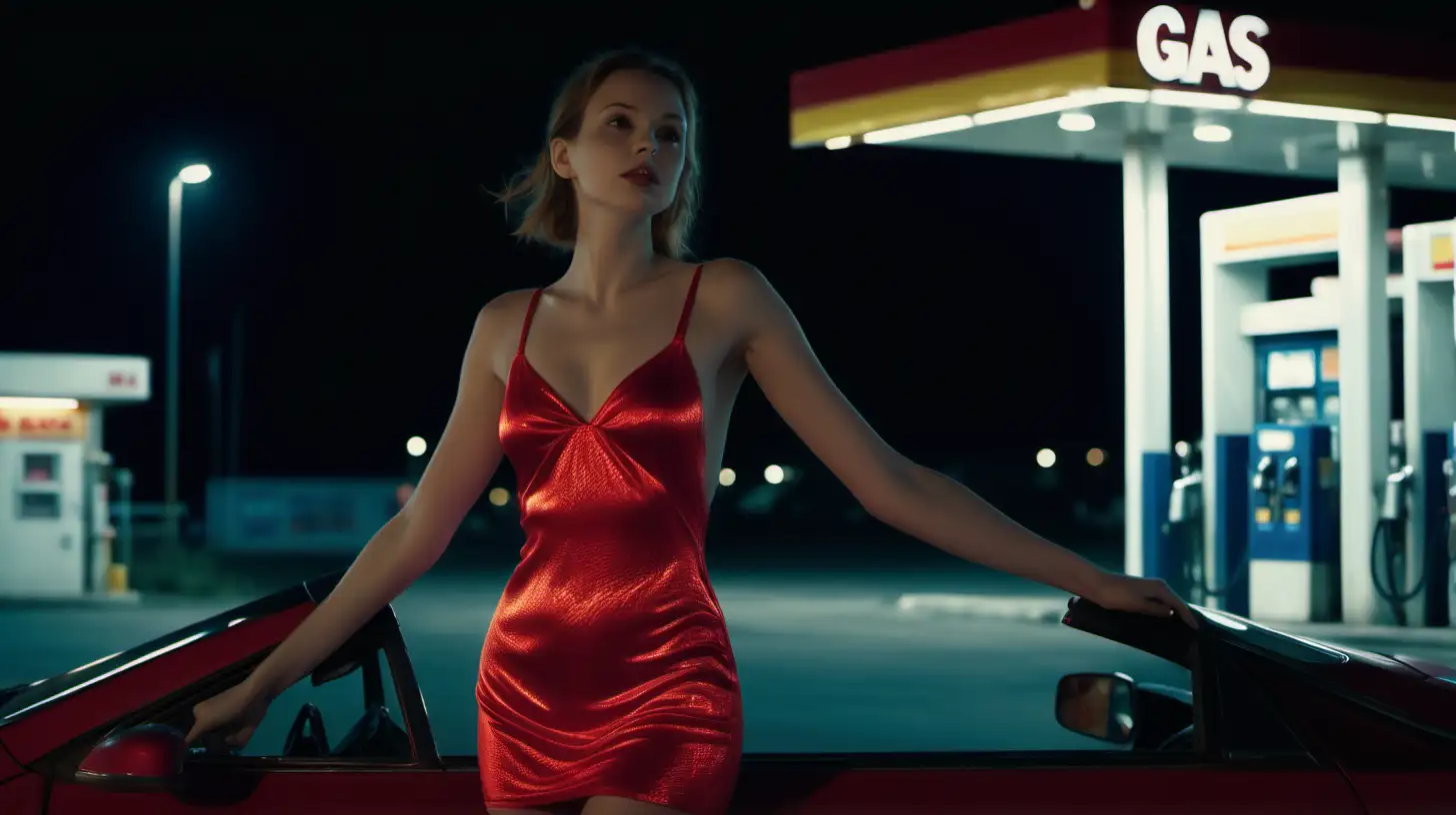 a young woman in a red glowing one-piece dress, in a car arrives at a gas station where she pulls in, capturing the serene ambiance of the night. shot from front.