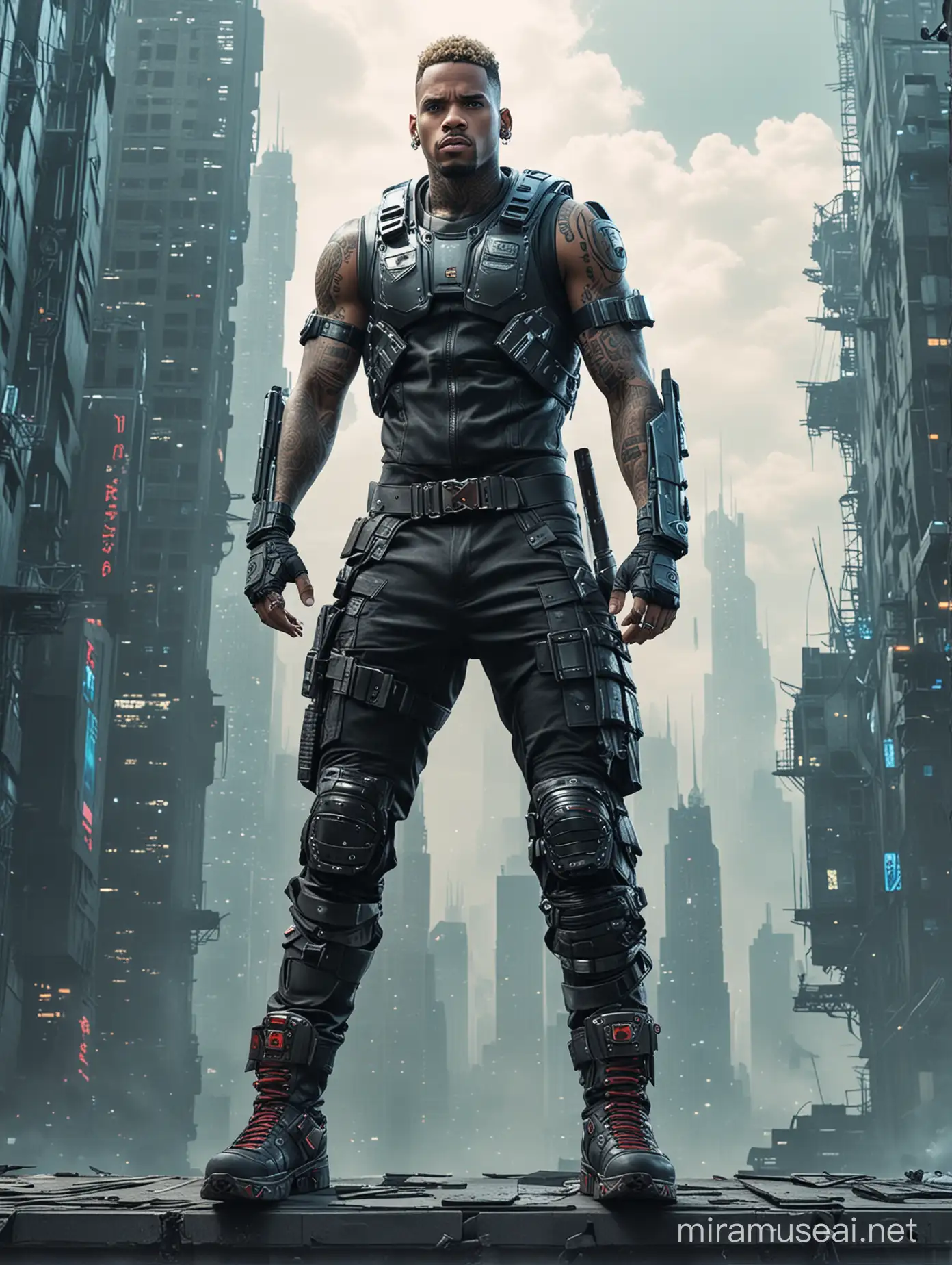 Chris brown as a cyber punk warrior standing ontop a building in a sci-fi universe