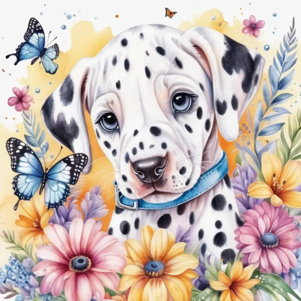 Cheerful Watercolor Dalmatian Puppy Surrounded by Vibrant Flowers and Butterflies