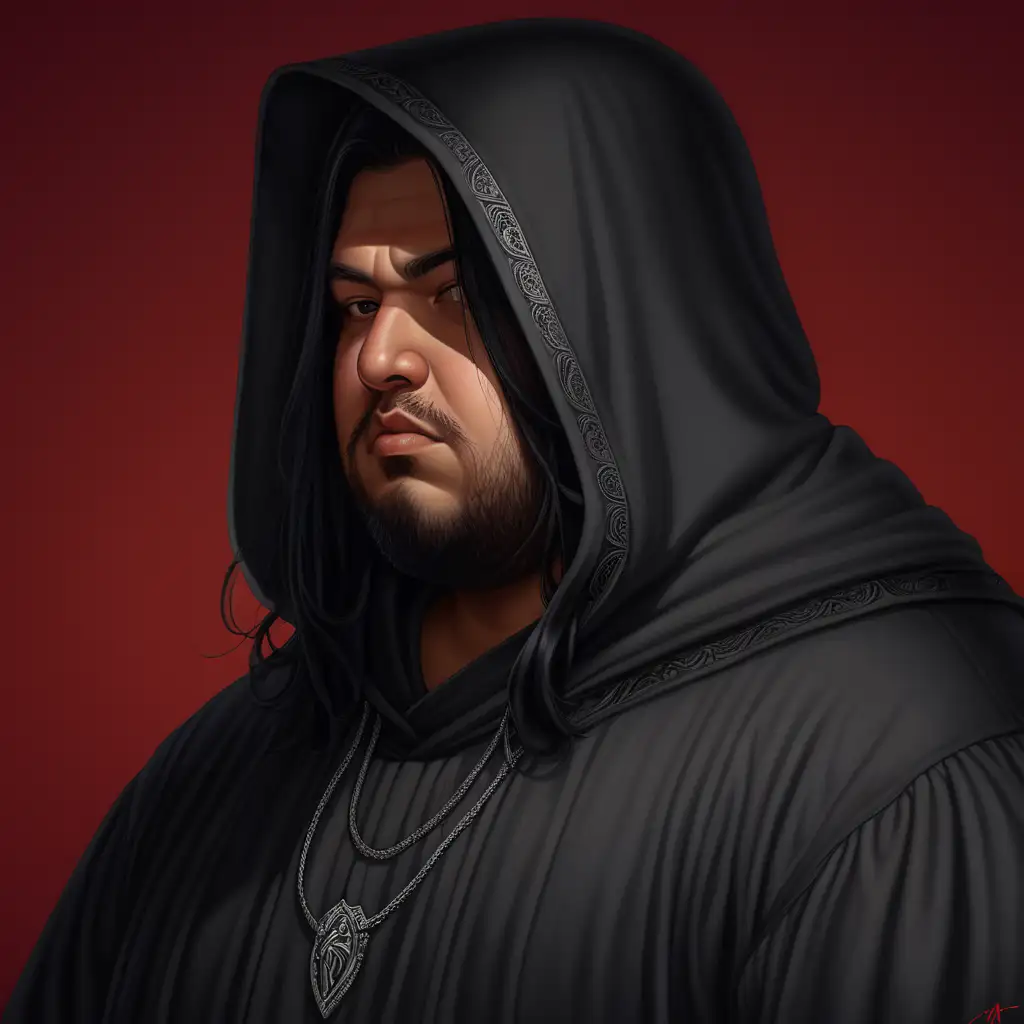 Chubby face, Mexican, long straight black hair, facial hair, all black torn robe, hood shade covering eyes, half body, Renaissance, red background