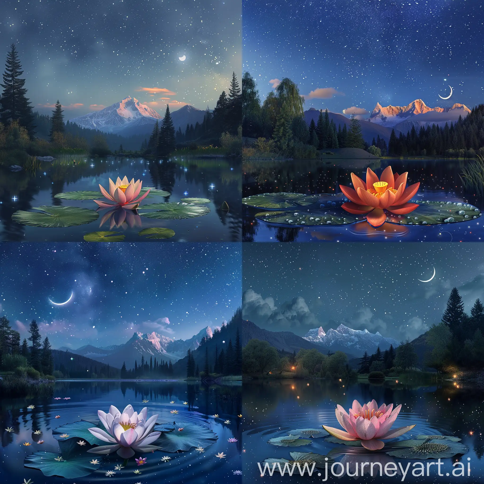 a lake with a blooming lotus, night, trees around, mountains with snow-capped peaks can be seen in the distance, stars and a crescent moon in the sky