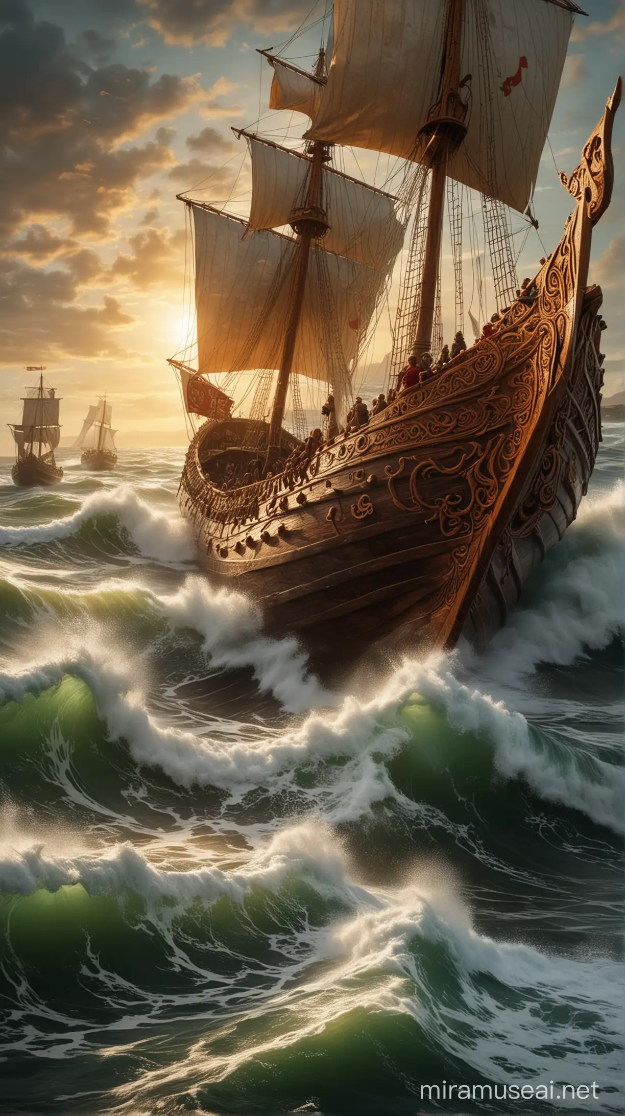 In the churning waves, the Viking ships flex with an almost sentient grace, the wood creaking and bending as they navigate the turbulent waters. This striking image, possibly a vivid painting, captures the essence of these majestic vessels in action. Each ship is adorned with intricate carvings and colorful sails billowing in the wind, showcasing their strength and resilience in the face of nature's fury. The scene is bathed in a golden light, illuminating the ships' sleek lines and powerful presence, making it a truly mesmerizing sight to behold.