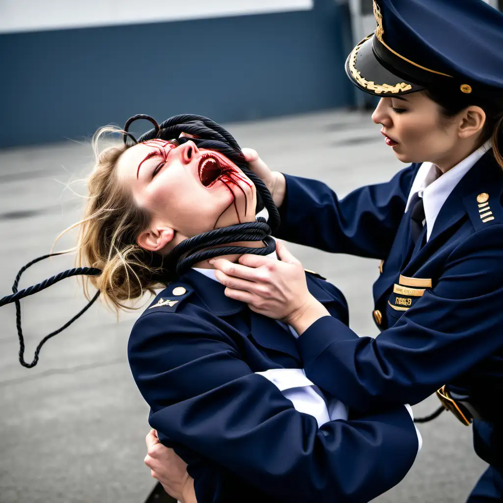 woman in uniform strangling choking uniformed female navy guard to death with a wire garrote around her neck