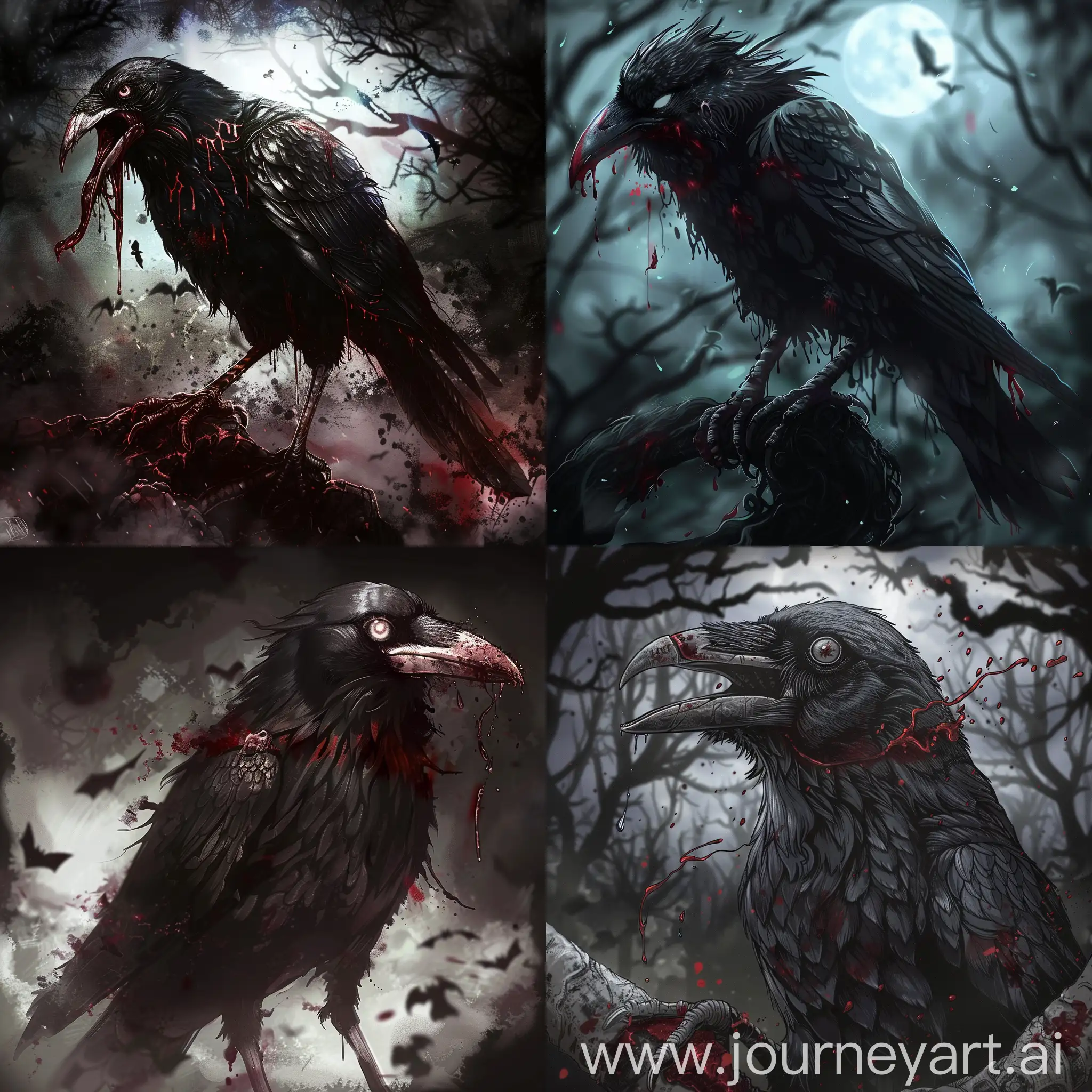 Dark fantasy, gothic horror, anime style, bloody undead crow