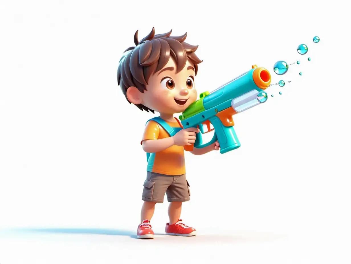 Boy playing with water gun, isolated, white background, cartoon style. 4k, HQ