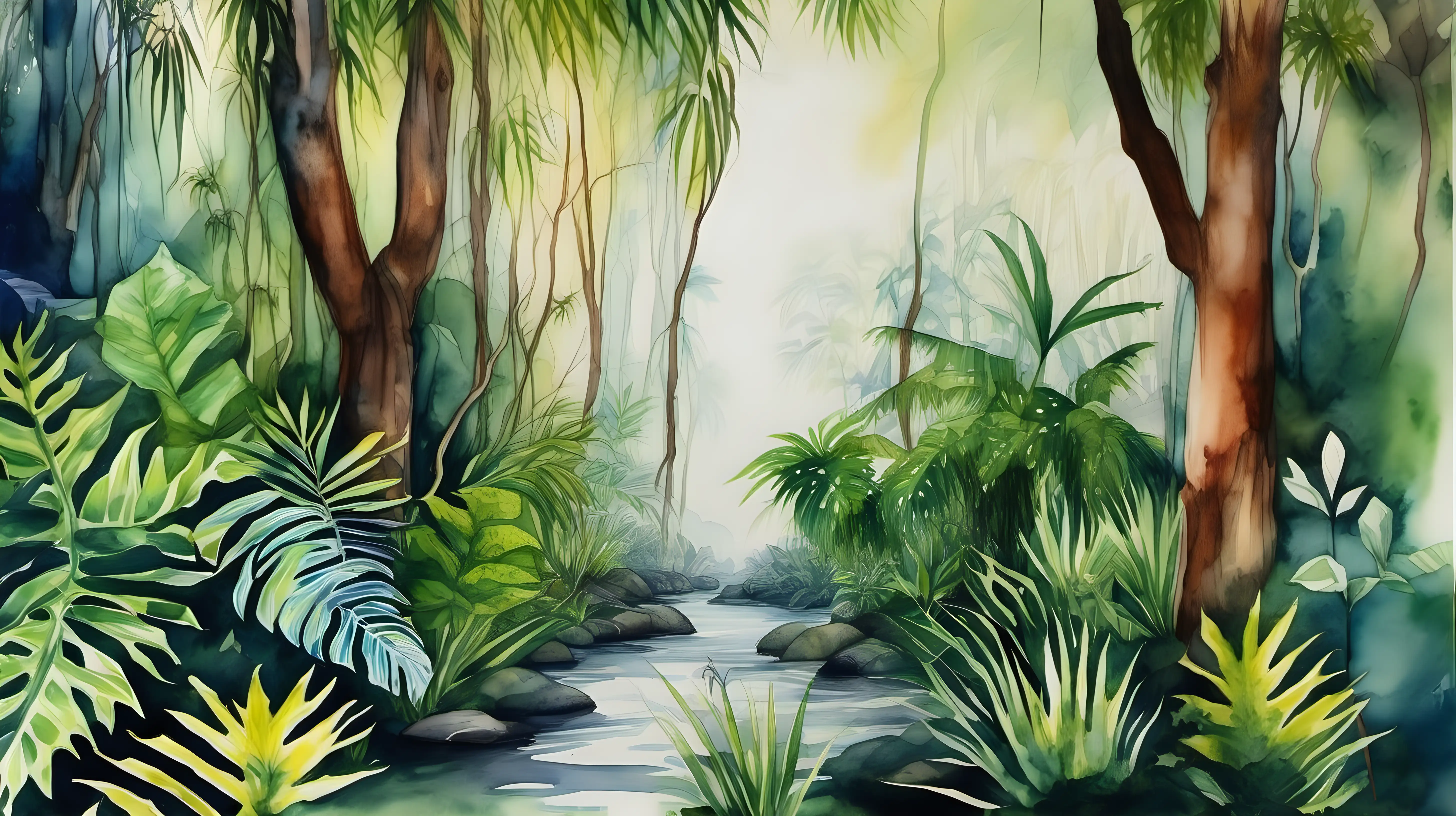 Enchanting Australian Rainforest Watercolor Capturing Lush Beauty in 169 Ratio