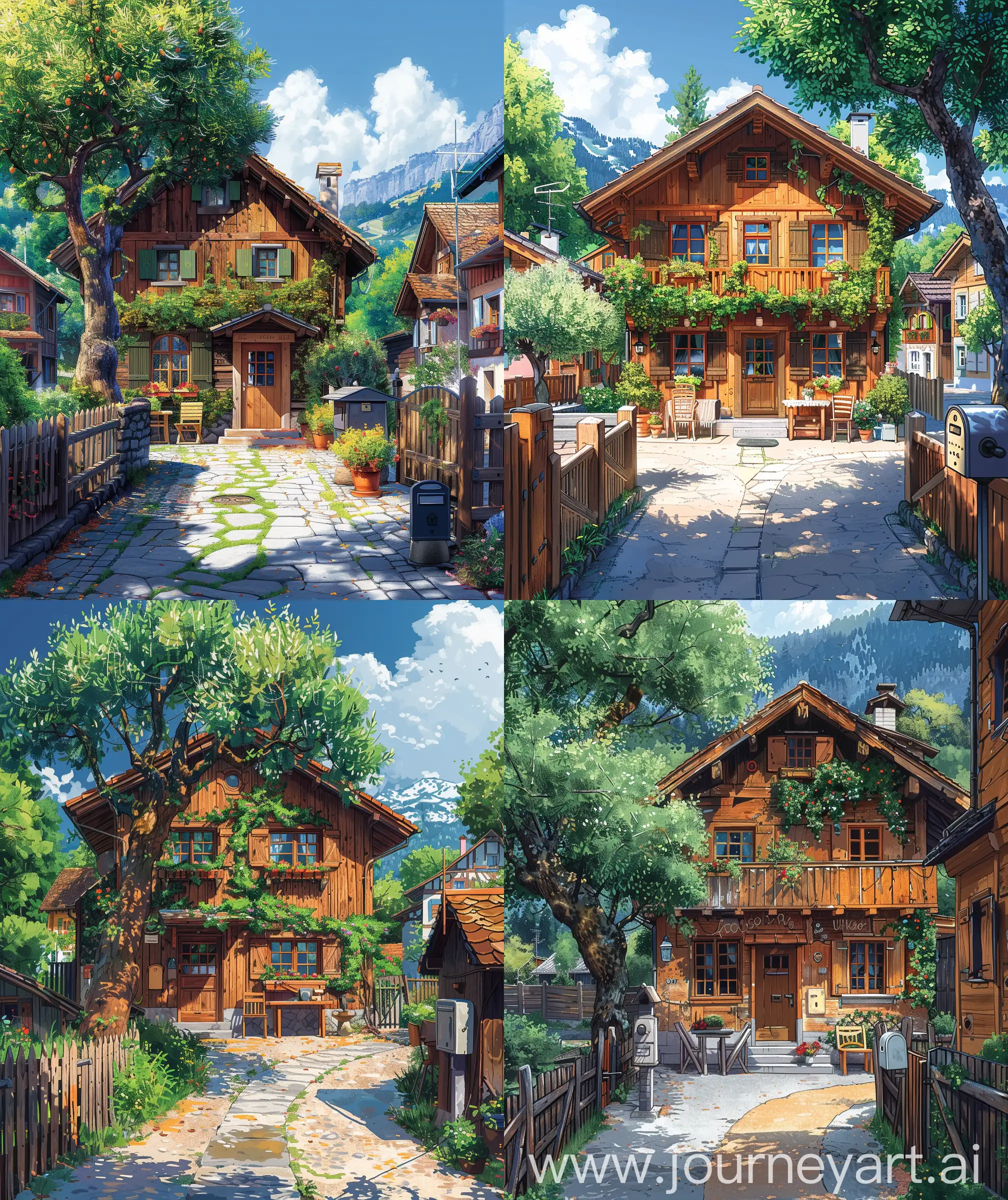 Anime scenary, illustration, beautiful wooden cottage house, colorful brushes around, direct front facade view of house, Swiss village, beautiful pavement leading the house, olive tree beside house, chair and table under the tree, mail box, fence, beautiful ivy decoration fence, summer day, illustration anime style, ultra HD, high quality resolution, no blurry image, no hyperrealistic --ar 27:32 --s 600