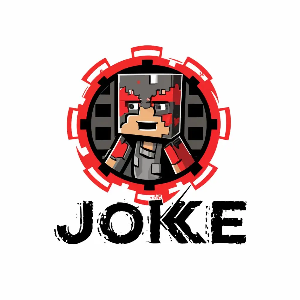 a logo design,with the text "Joke", main symbol:minecraft with a skin of mincrafr black ind a bit red ind a cool backgrond with a bit red ind a lote of black with a cirkl ind the skin in the sircle with a backgront ind i want the skin cool and a bit real,Minimalistic,clear background