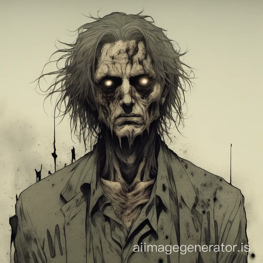 An illustration of a man with decaying skin covered with grime, matted hair, and with a vacant stare and expressionless face