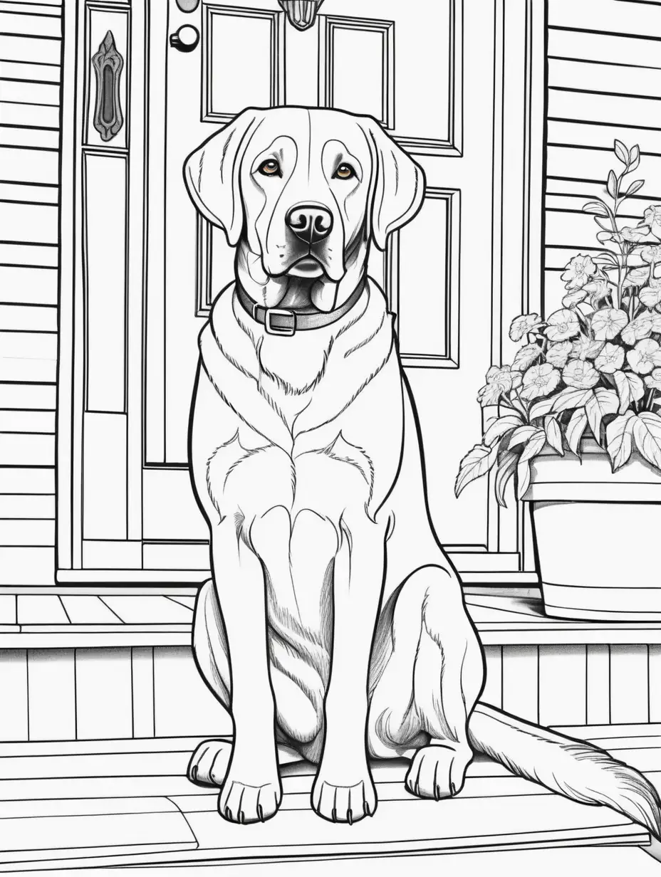 a coloring book page of a Labrador sitting on a front porch
