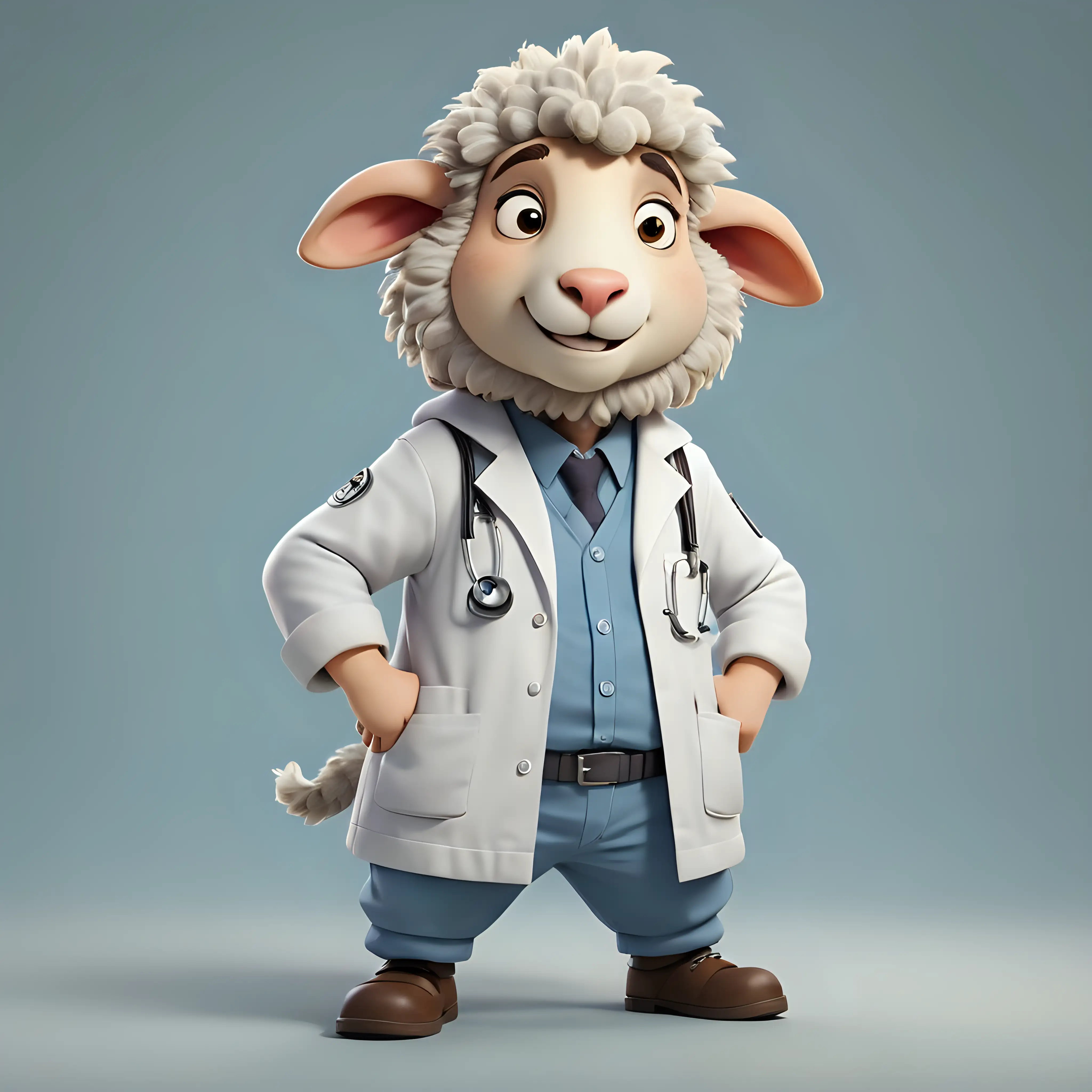 a fun Sheep in cartoon style in full body in doctor clothes with clear background