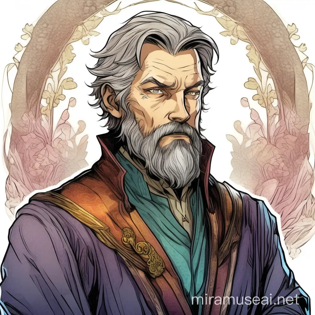 Hombre de mediana edad, con barba y pelo corto y canoso estilo dibujo coloreado de novela de fantasía