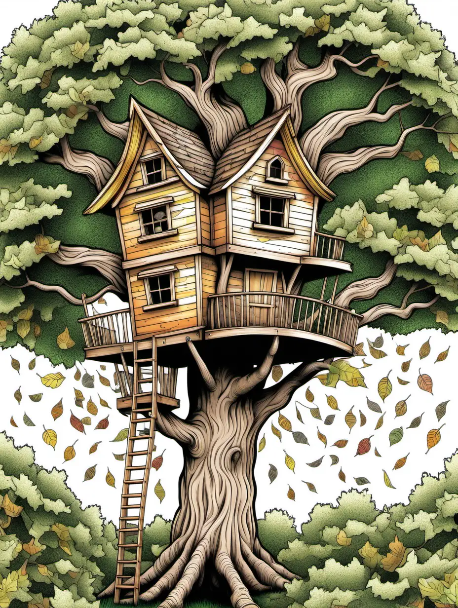 a unique tree house in an oak tree covered in summer coloring book, individual elm leaves, no shading, no background, thick black outline