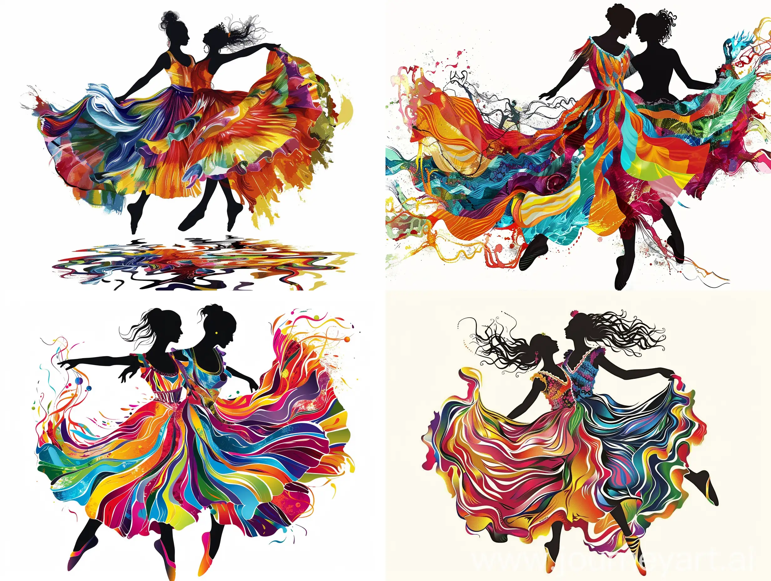 a couple flamenco dancer in dynamic pose, wearing flowing dress with vibrant colors. The dress appearance of being in motion. with ripples and waves suggesting movement. colorful shoes. the background should be white to highlight the dancer and their dress. the style of the image should be livery and expressive, capturing the energy and grace of the dance. the dancer should have their hair styled up away from their face, dancer faces and skin are silhouette black 