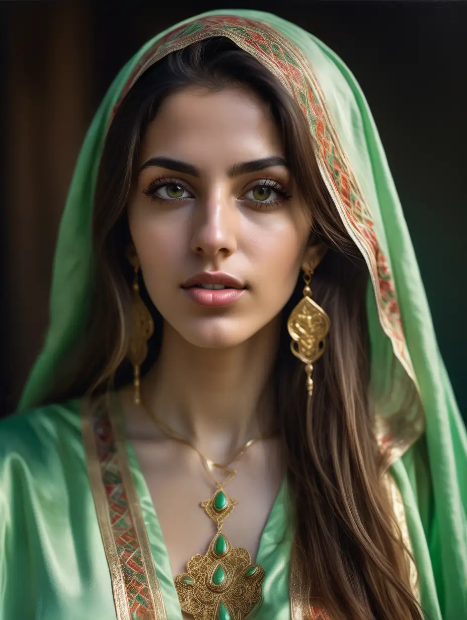 Elegant Arab Woman in Stunning Moroccan Caftan Dress with Golden Accessories