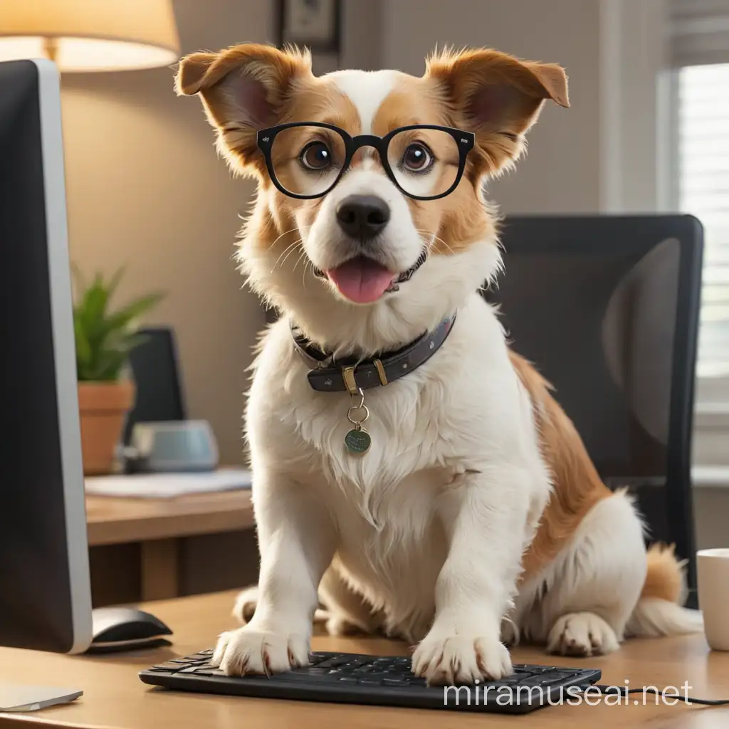 crea una imagen de un perro con lentes sentado frente a una computadora y cotizando viajes
