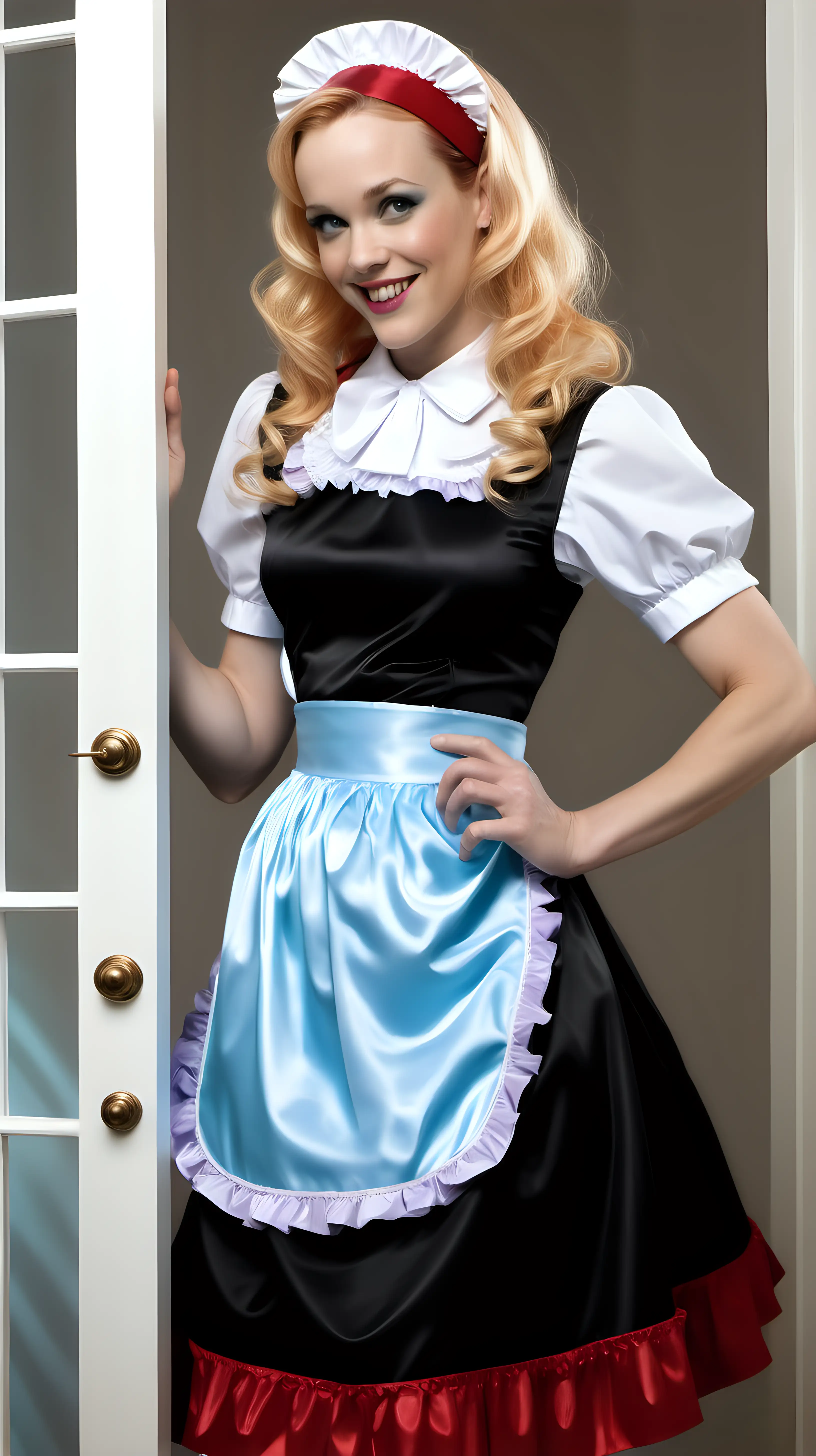 girls in long crystal silk   retro strong style sky BLUE and lila
 french maid gown with  apron and peter pan colar and long and short sleeves costume and milf mothers long blonde and red hair,black hair rachel macadams  smile in house