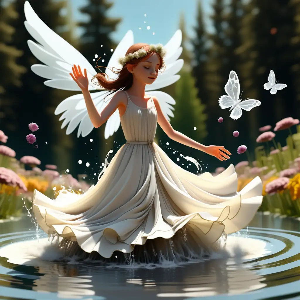 фея с крыльями  в белом платье летела над водой с ее платья ссыпались цветы, образовался водоворот в воде. Солнечный день. Рядом стоит волк и парень 16 лет 