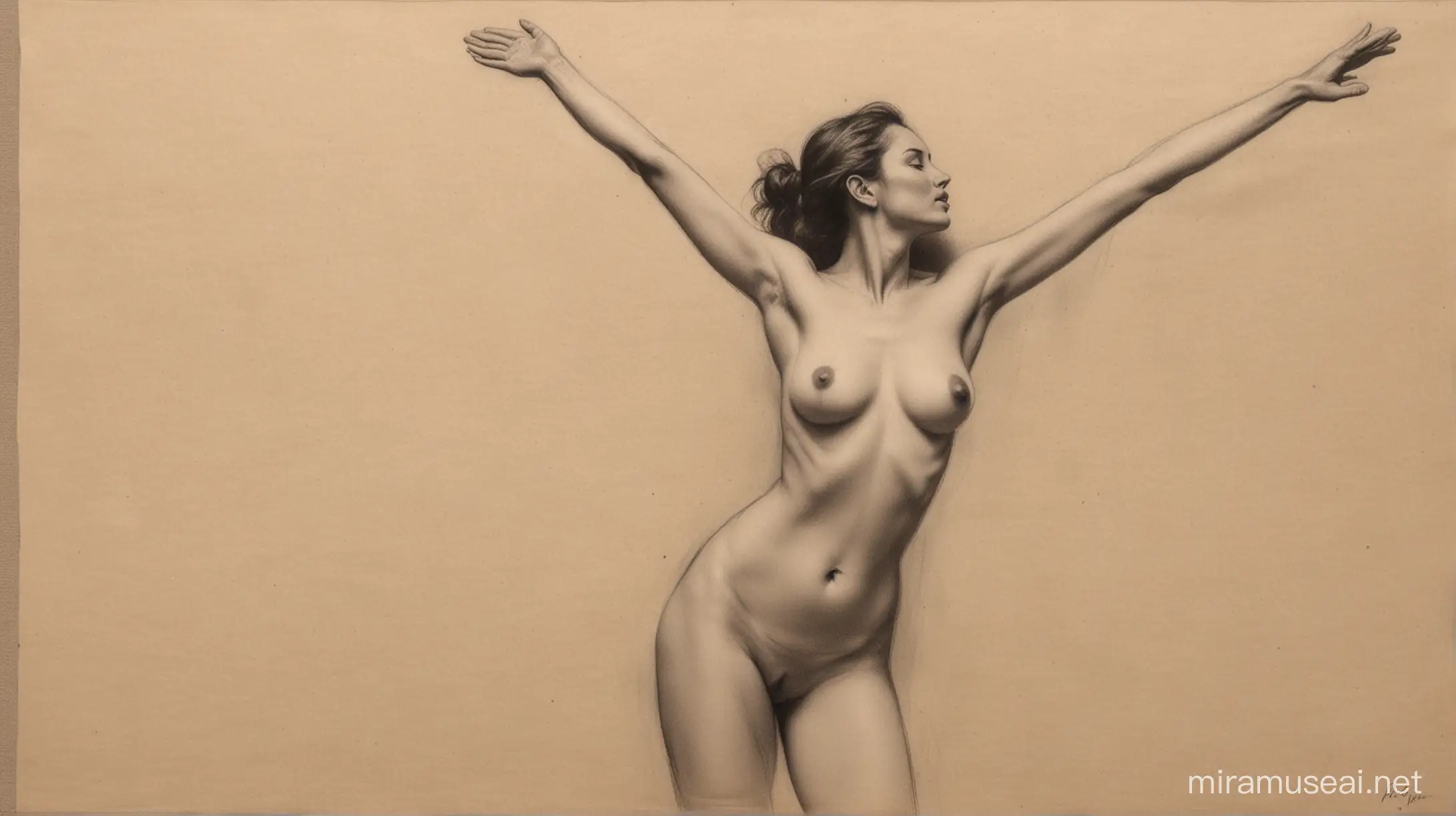 Art study of nude woman, arms up, style Philippe Flohic, charcoal on old paper