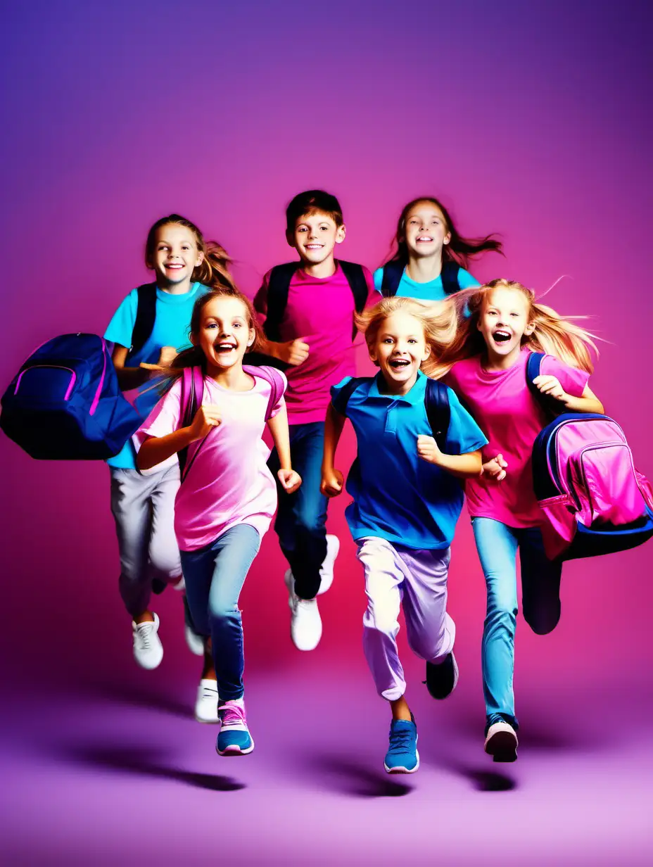 photo of happy two boys and three girls and running towards the camera, wearing sportswear, throwing the school bags away, dark blue pink and violet gradient background