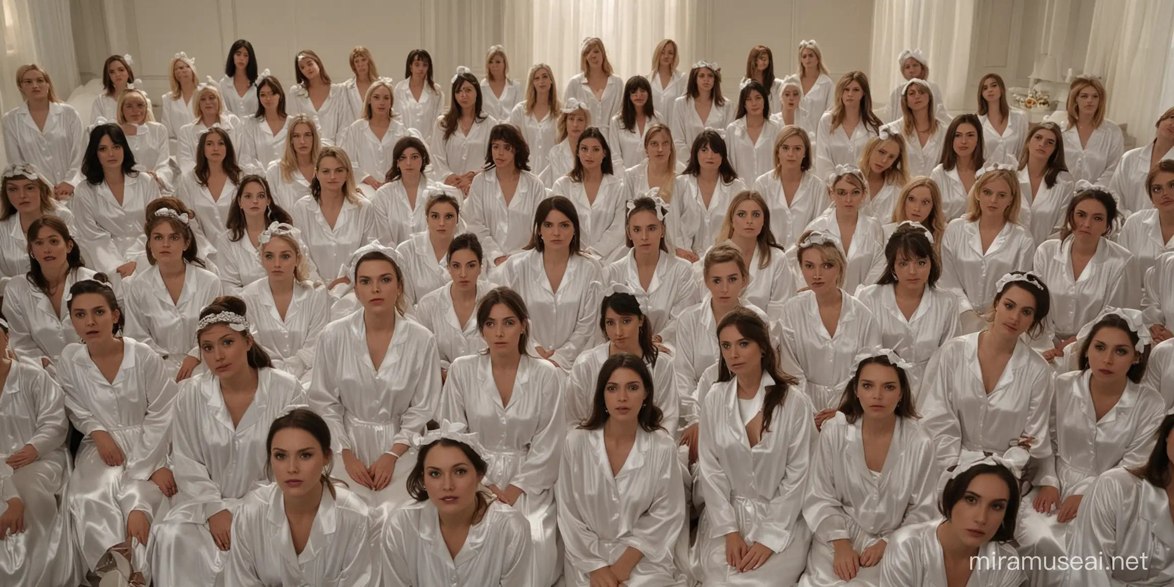 A hundred women in White satin nightgowns in the room stare at you from below