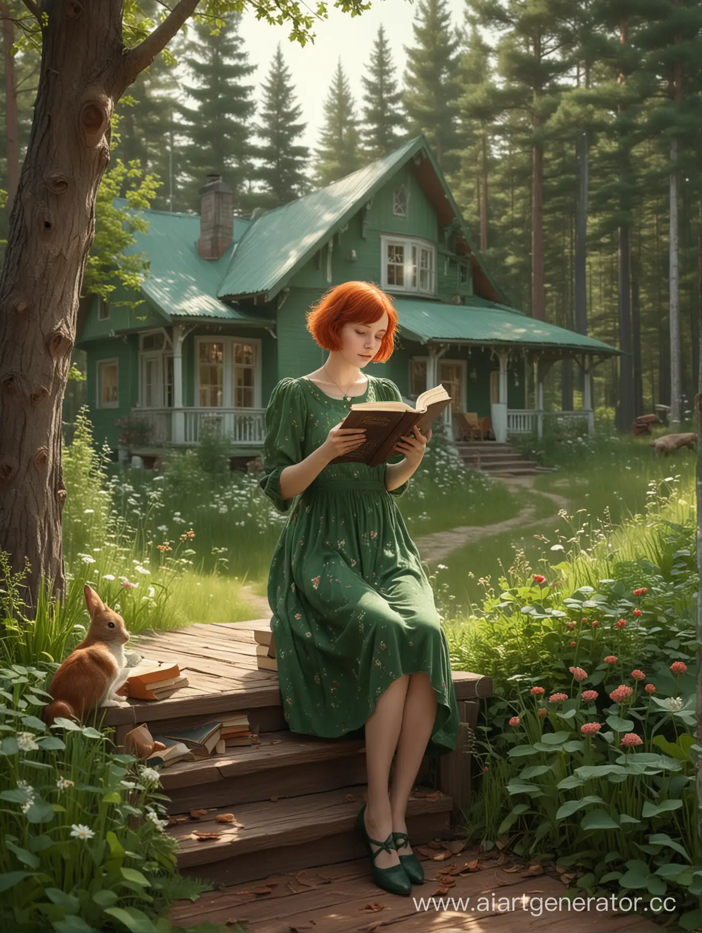 Enchanting-Witch-Girl-Reading-in-a-Springtime-Forest-Porch
