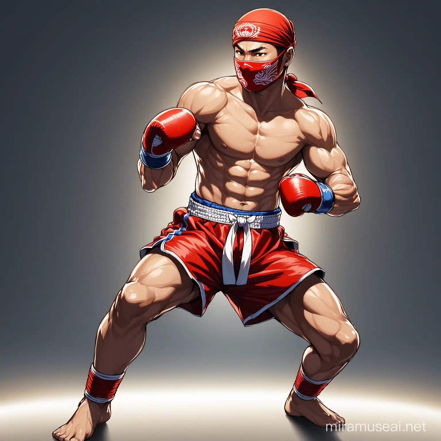 Muay Thai Fighter in Fighting Pose with Hooded Jacket and Bandana