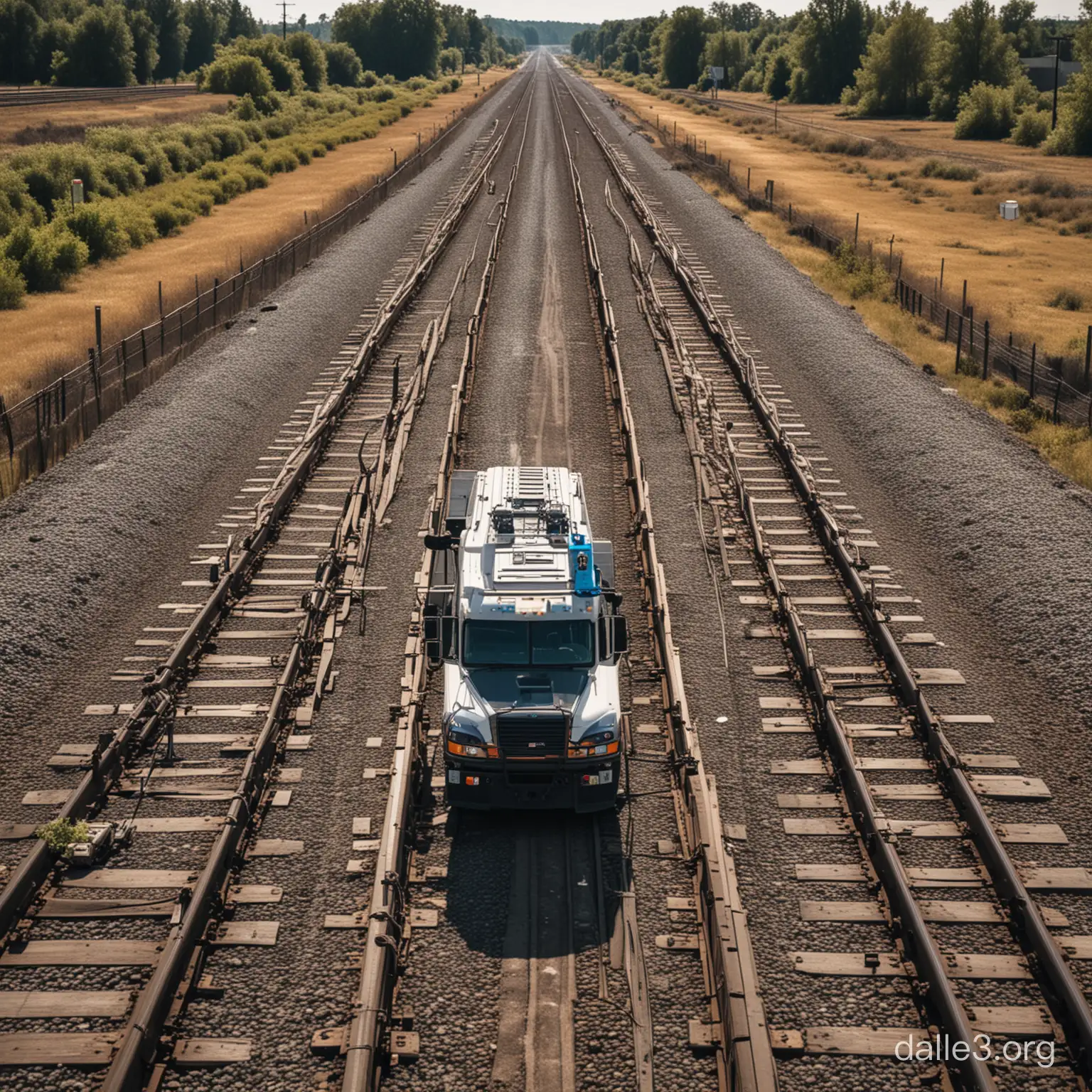 A truck on a railroad track with lidar scanning equipment on top