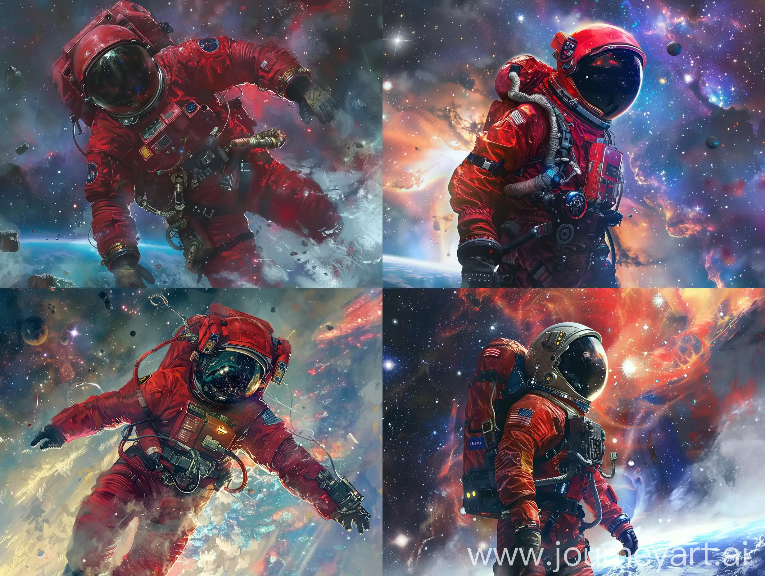Create concept art depicting an astronaut clad in a striking red astro suit, equipped with advanced high-tech gear, navigating the vast expanse of space. The astronaut should exude a sense of exploration and curiosity as they venture into the unknown reaches of the cosmos. Incorporate elements such as distant galaxies, nebulae, and celestial bodies to emphasize the vastness and wonder of outer space. Capture the essence of discovery and adventure as the astronaut boldly explores uncharted territories beyond the reaches of Earth.