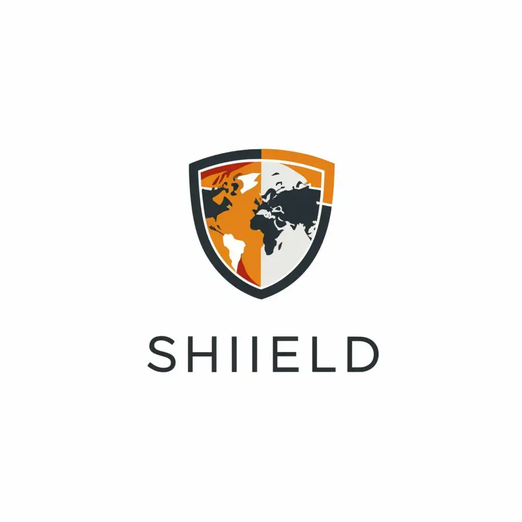 logo, a shield with a continent inside and the word shield. Simple logo., with the text "SHIELD", typography, be used in Technology industry