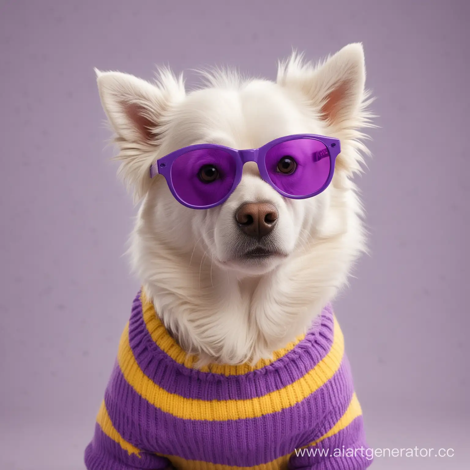 Adorable-White-Canine-in-Funky-Purple-Shades-and-Bright-Yellow-Knitwear
