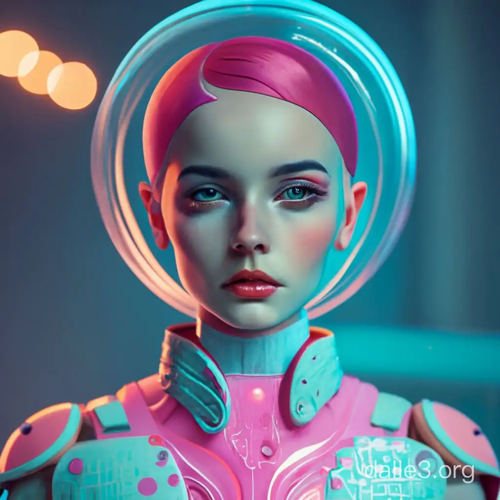 robot girl doll translucent white pink spacesuit neon blue porcelain China pattern on body short pastel sea foam green pixie haircut sunrise tai chi practice snowing Angel wings fashion model