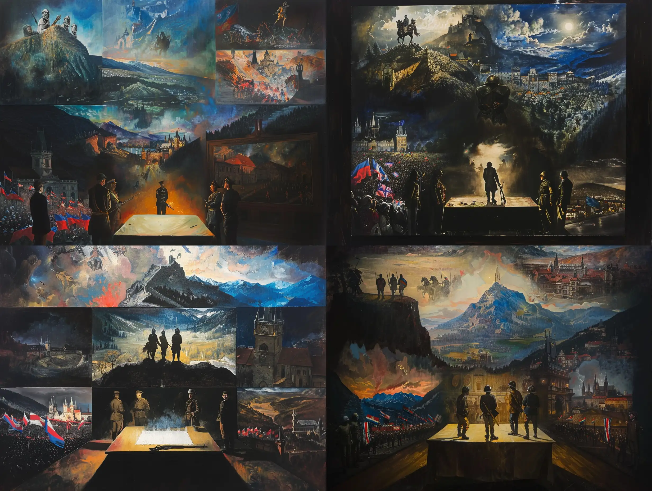 A dark room, a brightly lit table in the middle, with four men standing around it. 
Everything else on the painting seems like a dream, All the scenes are connected, there is no division between them.
At the top left, a dreamy mountain from which medieval knights on horseback ride out. On the upper right, a mountain ridge with forts from the 1930s. The main element of the painting is a Czechoslovak soldier from 1938. He is standing in uniform, wearing a helmet, holding a rifle at his feet. On the bottom left is a scene from a Prague square, with a crowd with red, blue and white flags of Czechoslovakia standing in front of the town hall.