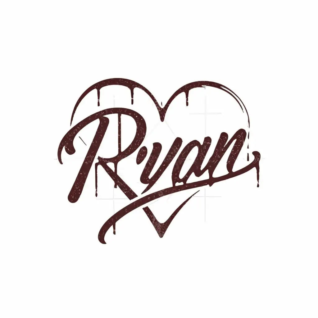 a logo design,with the text "ryan", main symbol:heart cut half in diagonal with drip of blood with cursive letters ,Minimalistic,clear background