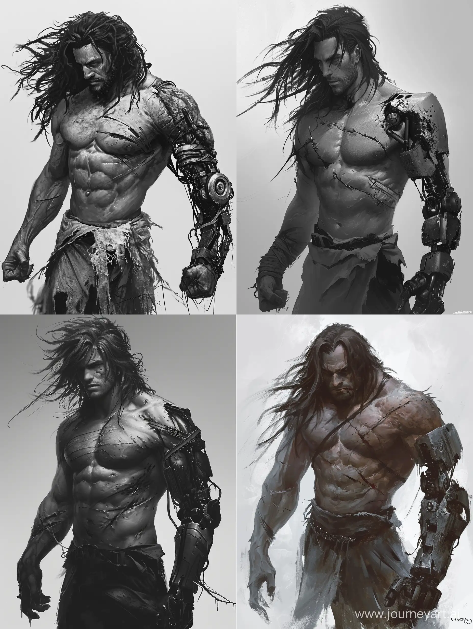 monster of a man with defined muscles, clothes torn and scars along his torso, complex prosthetic arm, chiseled jawline, long messy hair.