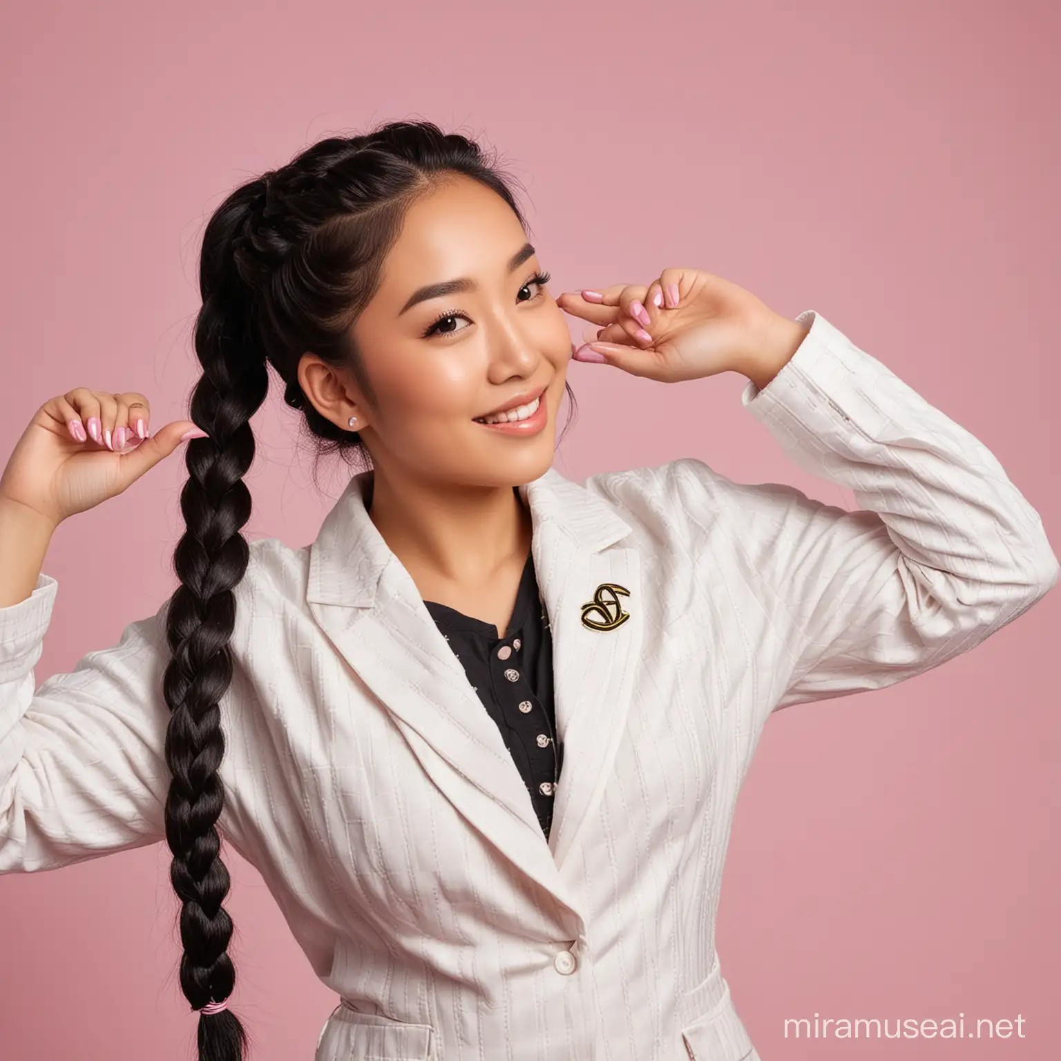 Portrait photo of a beautiful Asian woman who is slightly fat, has long straight black hair, the top of her head is braided in a large corn braid and the back is tied with a rope. Wearing a white suit with a very small checkered pattern, wearing a black t-shirt underneath. Slightly smile. Hands raised to form a peace symbol, neat pink nails.  Picture perfect and no errors.